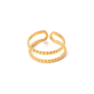 Detail shot of golden double-layer beaded open ring with adjustable band on white background