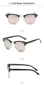 Mehrere Ansichten der polarisierten Halbrahmen-Sonnenbrille in Schwarzgold mit lila Gläsern