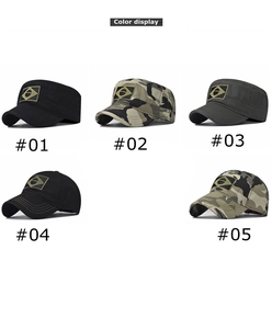 Collection of camo and solid baseball caps and military hats with Brazil flag patches