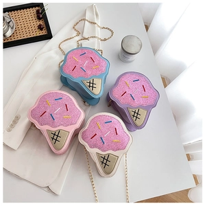 Detailed overhead view of cute ice cream cone chain bags in pink blue and purple colors