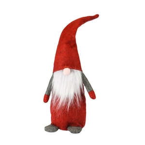 Standing Christmas gnome decoration with long white beard and red felt tall pointed hat