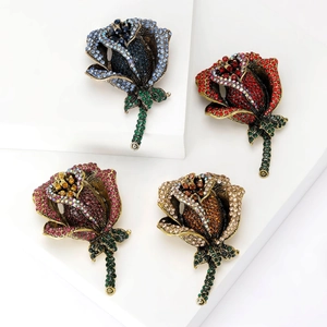 Elegant rose flower brooches with colorful rhinestones set in four different floral colors