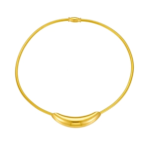 Minimalist gold titanium steel choker necklace with sleek curved pendant on white background