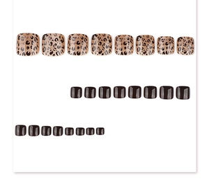 Flat lay of 24 pieces leopard print and dark brown short square press-on toenails