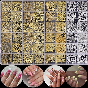 Detail view of multi-grid nail art kit with gold and silver alloy studs and application effects