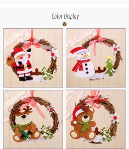 Detailed view of four Christmas rattan wreaths featuring Santa, Snowman, Deer, and Bear