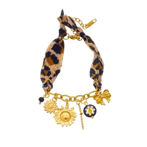 Stainless steel bracelet with sunflower pendant and leopard print fabric ribbon detail