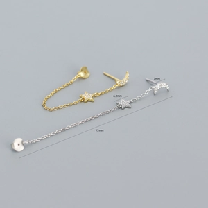 S925 silver moon and star tassel earrings with geometric diamonds and 77mm long chain
