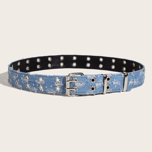 Blue denim punk star belt with silver double-pin buckle and metal eyelets for jeans