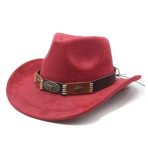 Ethnic style red faux suede cowboy hat featuring a leather belt with bull head emblem