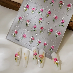 Detailed 3D embossed nail art stickers with vintage pink roses and pearl accents