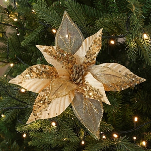 28cm gold sequin mesh poinsettia flower ornament for Christmas tree window decoration