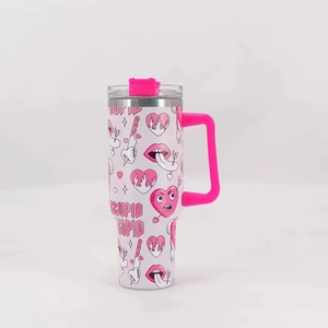 Detail of 40oz insulated tumbler with Stupid Cupid print, handle, and pink straw lid