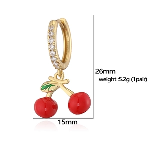 Sweet red cherry drop earrings with gold hoops and sparkling cubic zirconia stones