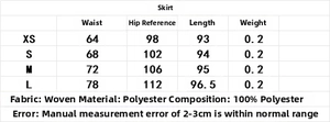 Detailed size chart for polyester skirt including waist and length in centimeters