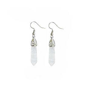 Macro detail of hexagonal white crystal column pendant earrings with silver hooks