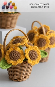 Macro shot of a handmade crochet sunflower in a woven basket with high-quality yarn detail