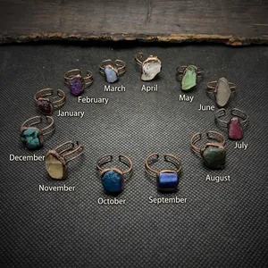 Retro Natural Raw Gemstone Open Adjustable Ring Bohemian Handmade Bronze Alloy Irregular Stone Birthstone Finger Ring Jewelry Gift For Women