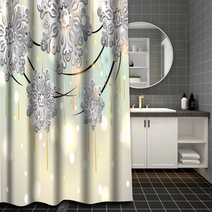 Floral shower curtain with silver snowflake pendants and golden stars on cream background
