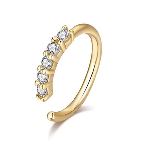 Minimalist gold S-shaped nose ring with five sparkling zircons on a white background