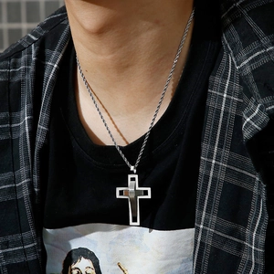 Men's hip-hop double-layered hollow cross pendant necklace on silver twisted rope chain
