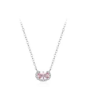 Pink Oval Cubic Zirconia Pendant Necklace For Women 925 Sterling Silver Simple Elegant Halo Clavicle Chain Jewelry Gift