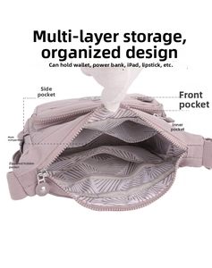 Detail view of water-resistant nylon crossbody bag with multi-compartment interior