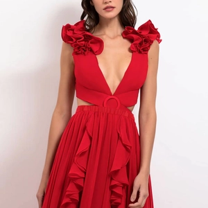 Red deep V-neck one-piece swimsuit with 3D floral ruffles and hollow-out ring waist detail