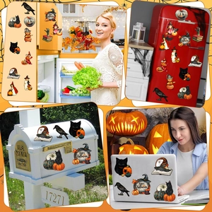 Halloween magnets featuring black cat, pumpkin and witch designs on a fridge and mailbox