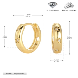 Detailed size chart for S925 silver 18K gold plated star hoop earrings with dimensions