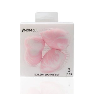 Set of 3 pink marble makeup sponges in a clear box, dual-use for wet and dry makeup