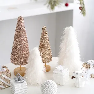 Mini Christmas Tree Ornaments Desktop Decoration Sequin Artificial Pearl Faux Fur Wood Base Seasonal Festive Home Office Ornament