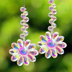 Sunflower crystal suncatcher with rainbow AB coating and metal chain for garden decor