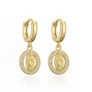Classic Virgin Mary oval dangle earrings in gold finish with micro-pave zircon crystals