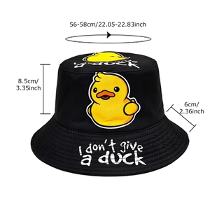 Black bucket hat with cartoon duck print and size dimensions for sun protection