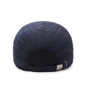 Men's navy blue quilted baseball cap with ear flaps and adjustable metal buckle