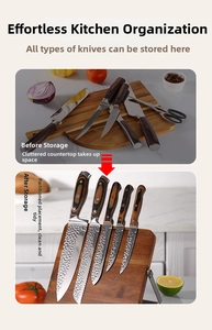 Detail of wooden magnetic knife block with five hammered finish kitchen knives set