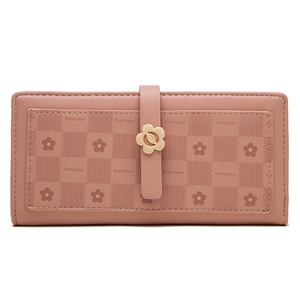 Detailed view of pink PU leather long wallet with flower buckle and embossed pattern