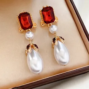 Vintage Baroque Long Drop Earrings With Teardrop Faux Artificial Pearl And Rectangular Rhinestone Silver Earring Post For Women