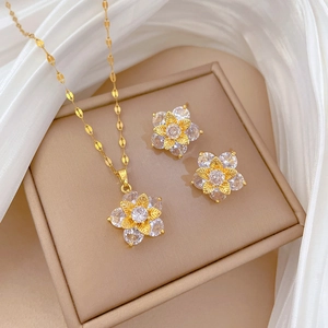 Elegant Flower Jewelry Set Zircon Inlaid Gold Plated Necklace And Earrings With Silver Earring Post For Women