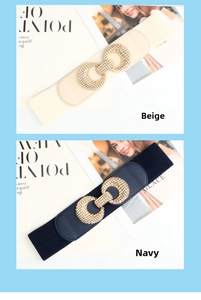 Close-up of beige and navy wide elastic belts with rhinestone double-ring metal buckles