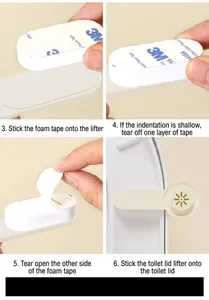 Toilet lid lifter set with 3M adhesive showing 4-step installation process on white ABS handle