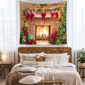 Detailed Christmas fireplace tapestry hanging on bedroom wall for festive home decor