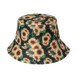 Bob noir à imprimé tournesols jaunes, chapeau de soleil floral pour protection UV
