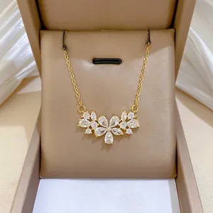 Flower Pendant Necklace Stainless Steel Chain Copper Zircon Hollow Out Luxurious Elegant Jewelry For Women