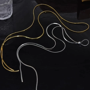 Minimalist long snake chain necklace in gold and silver finish with adjustable slider buckle
