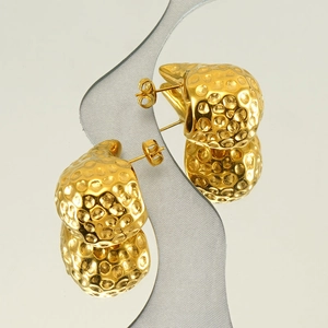 Chic 18K gold-plated stainless steel teardrop earrings with a unique hammered texture finish