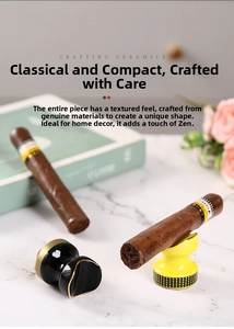 Ceramic cigar rest stand with gold trim detail and check patterns on marble table