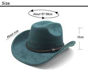 Size chart showing 57-58cm circumference and 8cm brim for the teal faux suede cowboy hat