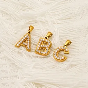 18K gold plated stainless steel letter pendants A B C with white pearl embellishments